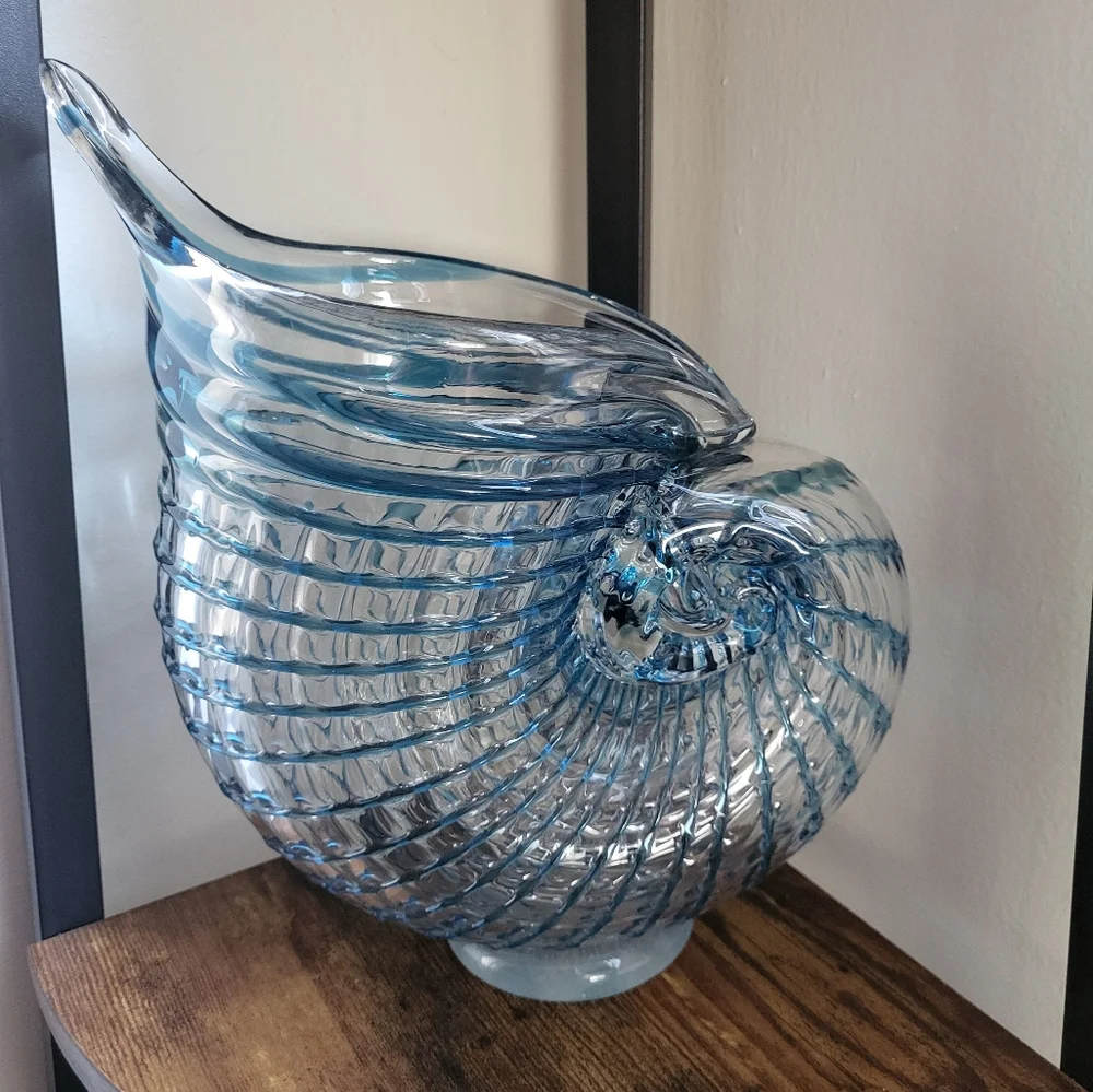 Blown Glass Blue Shell Conch Beach Nautilus Vase Statement Decor Whimsical